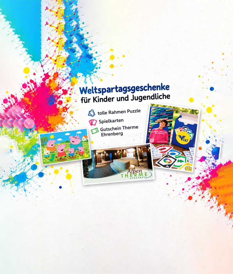 Bunte Grafik mit der Überschrift „Weltspartagsgeschenke für Kinder und Jugendliche“. Abgebildet sind ein Peppa-Wutz-Rahmenpuzzle, Spielkarten und ein Gutschein für die Alpentherme Ehrenberg vor einem Hintergrund mit farbenfrohen Farbspritzern.